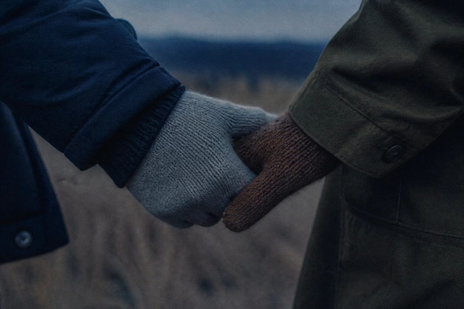 Two wool-gloved hands clasped against a dark winter coat.