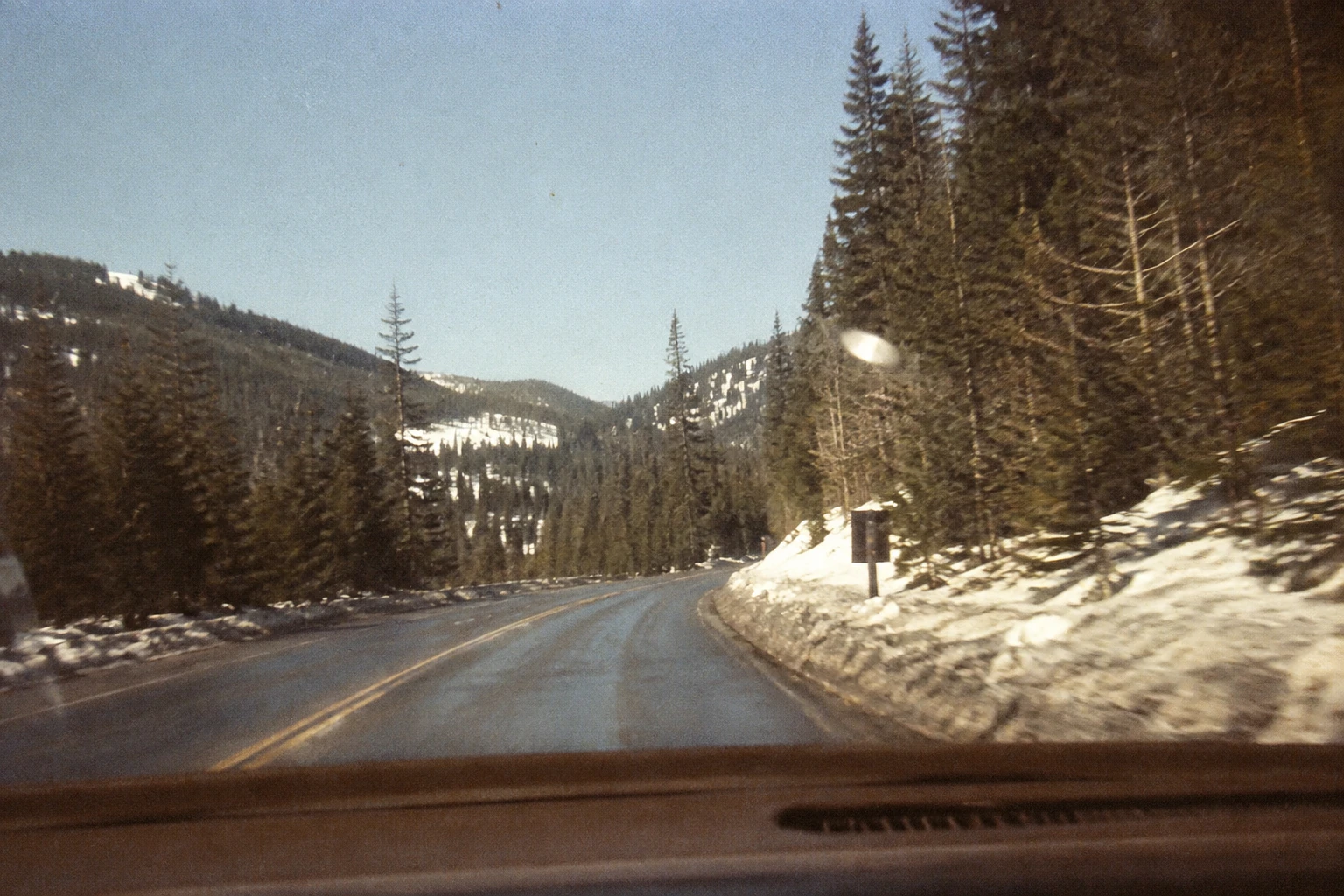 A sunlit road winding through the Cascade foothills, viewed from a car.
